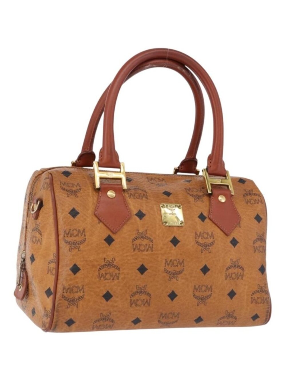 MCM Logogram Vicetos Boston Bag PVC Leather Brown Gold